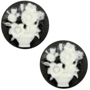 Cabochon base cammei 20 mm con disegno mazzo di fiori nero - bianco