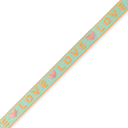 Nastro con testo "love" blu-rosa corallo