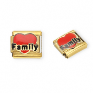 Link-tessera per bracciale italiano con ciondoli in acciaio inossidabile cuore "Family" oro-rosso-nero