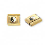 Link-tessera per bracciale italiano con ciondoli in acciaio inossidabile Yin & Yang oro-nero-bianco