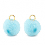 Ciondoli pon pon 10mm con anellino oro-blu acquamarina