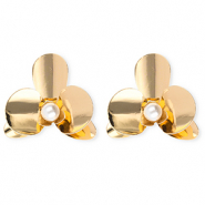 Orecchini accattivanti fiore con imitazione di perla con perno in acciaio inossidabile oro-bianco