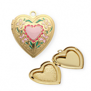 Ciondoli in acciaio inossidabile medaglione con smalto cuore con fiori oro-rosa-verde