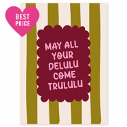 BY31&reg; Espositori bigiotteria in cartoncino "May all your delulu come trululu" verde oliva-biancastro-rosso bordeaux-rosa