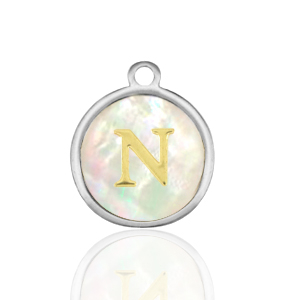 Ciondoli in acciaio inossidabile 12mm conchiglia lettera N bianco (colore naturale)-argento