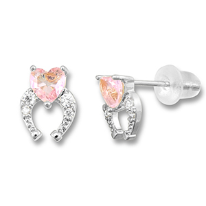 Metallo TQ in ottone orecchini ferro di cavallo con cuore argento-rosa chiaro