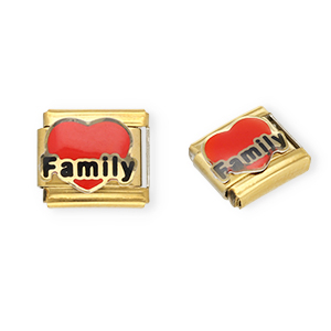 Link-tessera per bracciale italiano con ciondoli in acciaio inossidabile cuore "Family" oro-rosso-nero