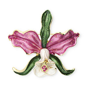 Broches fiore con strass oro-rosa orchidea-verde-bianco
